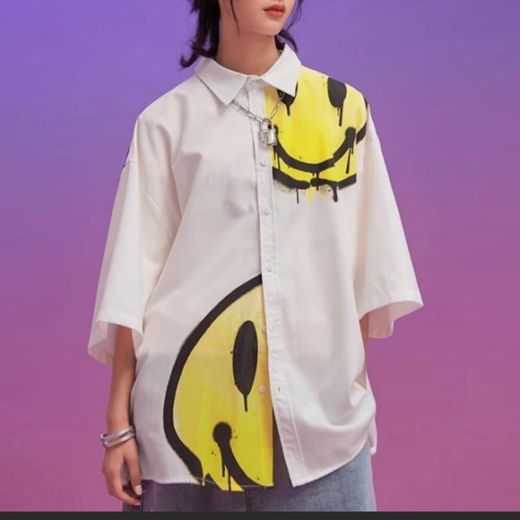 Tshirt smiley face men’s gray top loose collar button shirt top - Picture 5 of 5